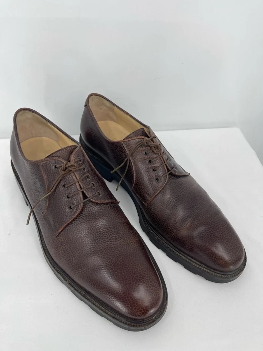 Salvatore Ferragamo Dark Brown Pebbled Leather Derby Shoes